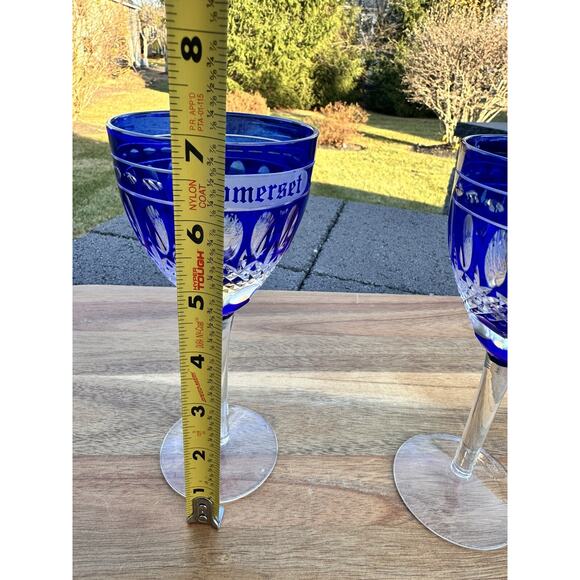 Somerset Cobalt Blue Cut to Clear Crystal Wine Glasses 6.75”~Set of 2 - Picture 6 of 7